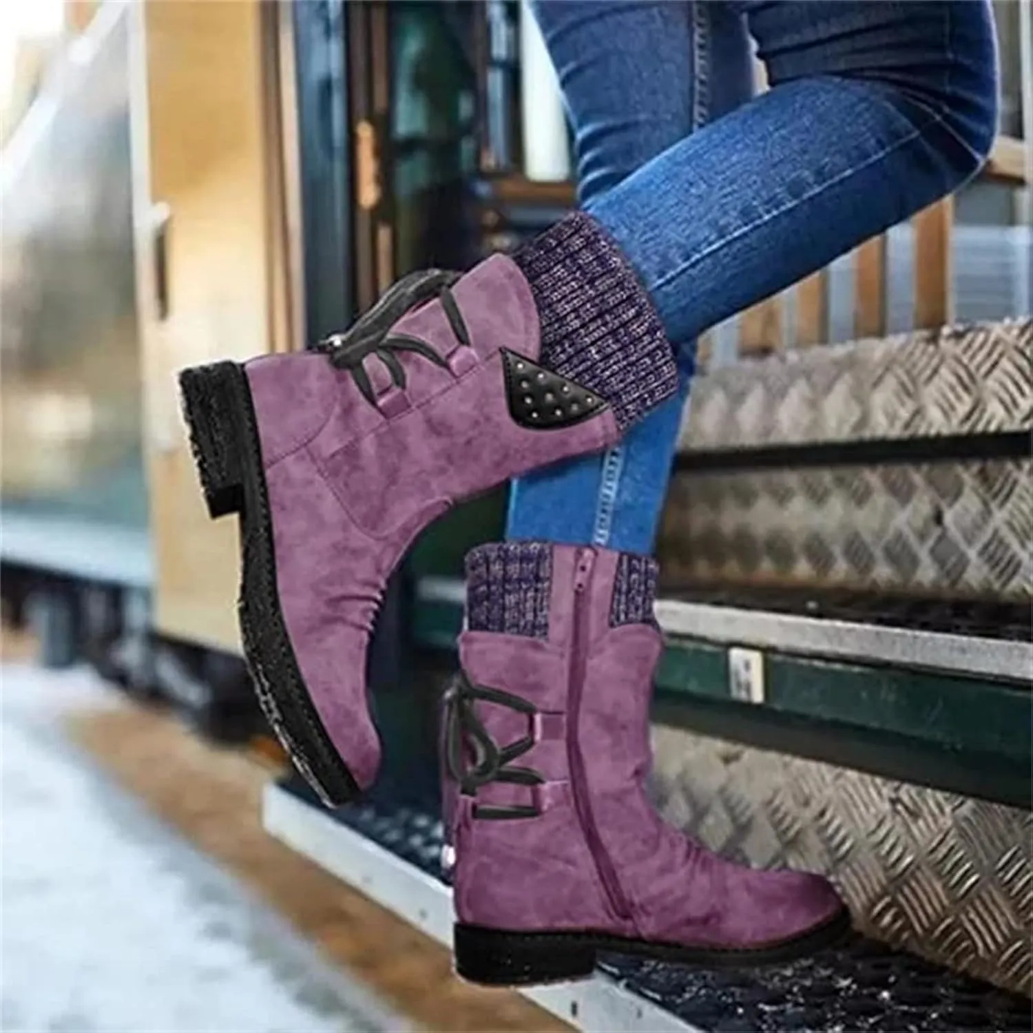 Lausiuoe Boots For Women Low Heel Mid Calf Fashion Winter Snow Boots Wide Calf Side Zip Slouchy Cowboy Warm Non Slip Outdoor Shoe