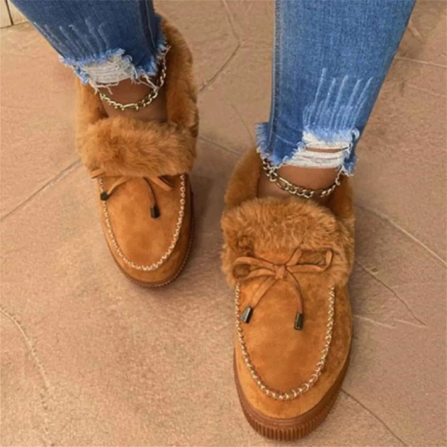 Lausiuoe Womens Winter Boots With Fur Lined Warm Snow Fuzzy Ankle Booties Flat Cute Silp On Comfortable Casual Loafers