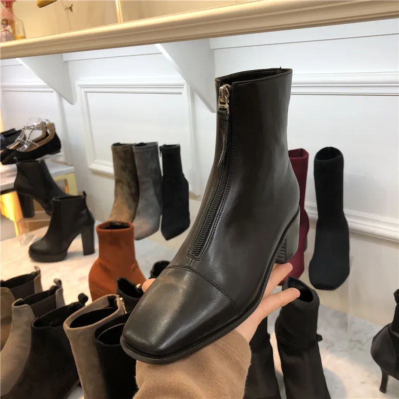 LUXE SEVEN DESIGN ZIP FRONT HEELED ANKLE BOOTS IN BLACK