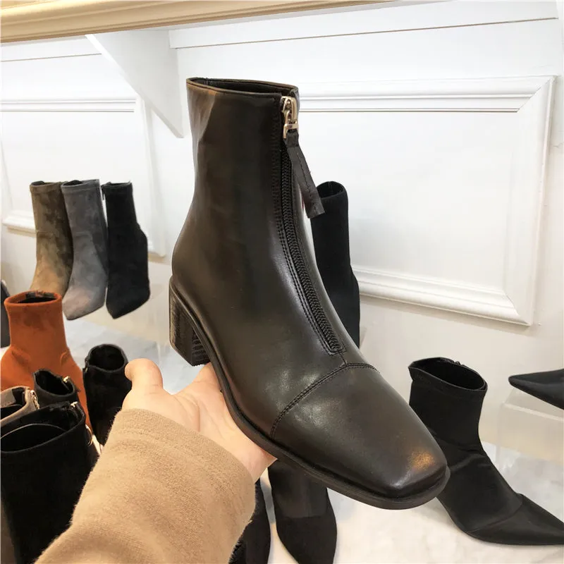 LUXE SEVEN DESIGN ZIP FRONT HEELED ANKLE BOOTS IN BLACK
