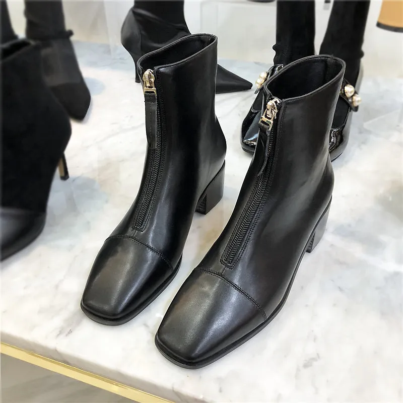 LUXE SEVEN DESIGN ZIP FRONT HEELED ANKLE BOOTS IN BLACK