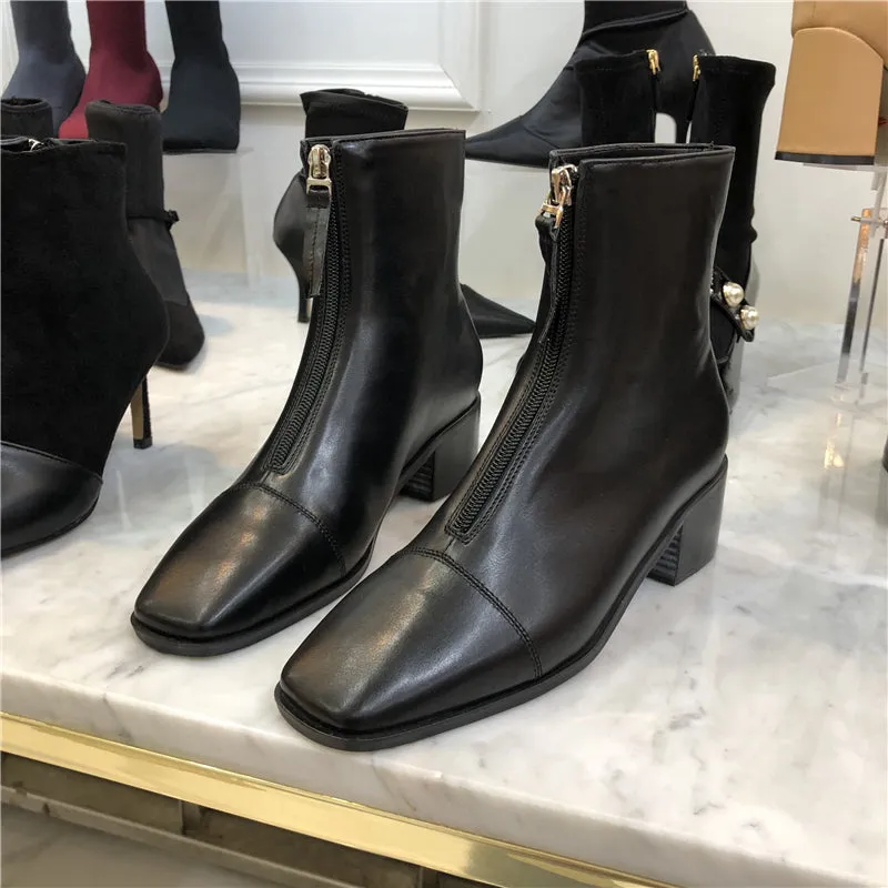 LUXE SEVEN DESIGN ZIP FRONT HEELED ANKLE BOOTS IN BLACK