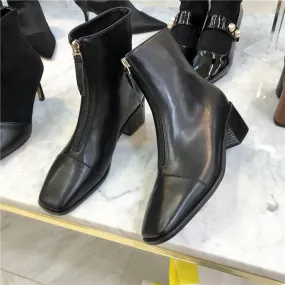 LUXE SEVEN DESIGN ZIP FRONT HEELED ANKLE BOOTS IN BLACK