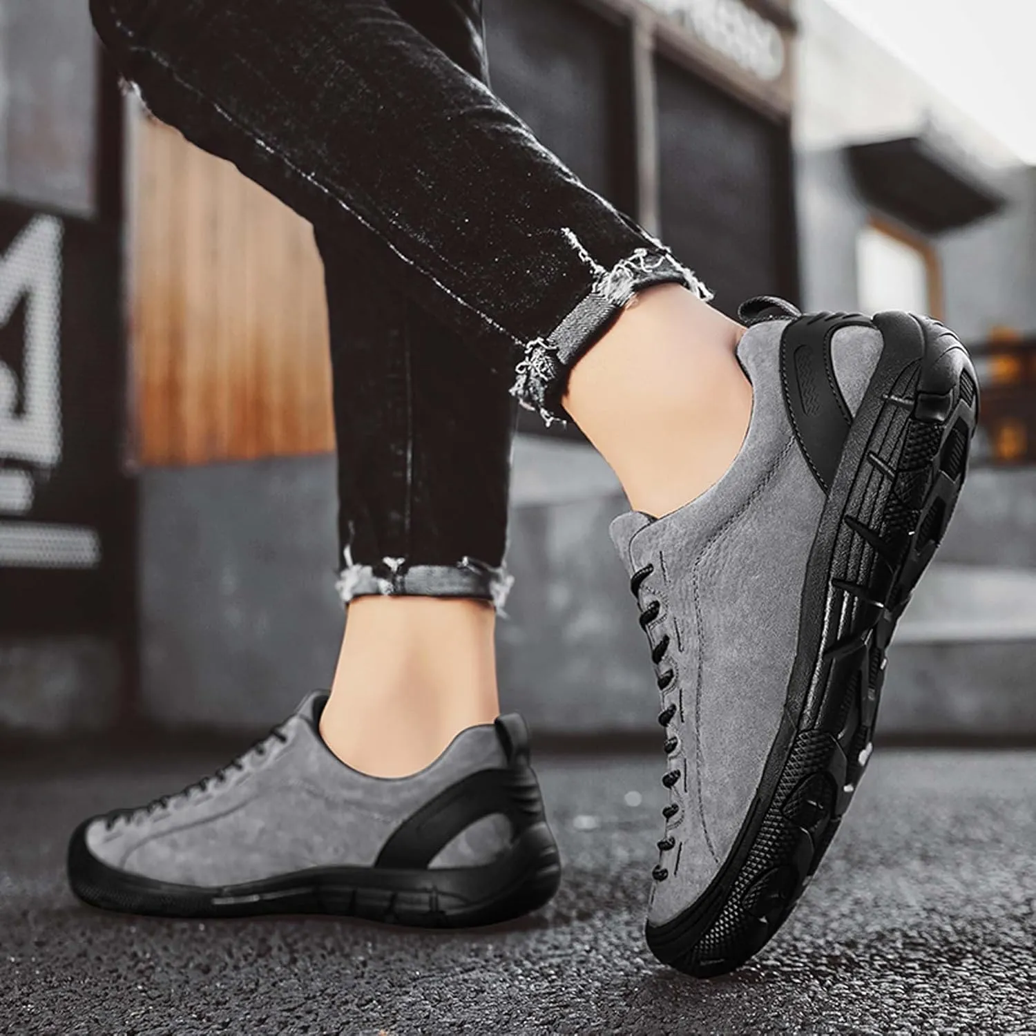 Men's Fashion Genuine Leather Suede Walking Shoes,Genuine Leather Low Top Flat Men's Casual Shoes,Driving Shoes,Men's Casual Sneakers,Toe Crash Protection