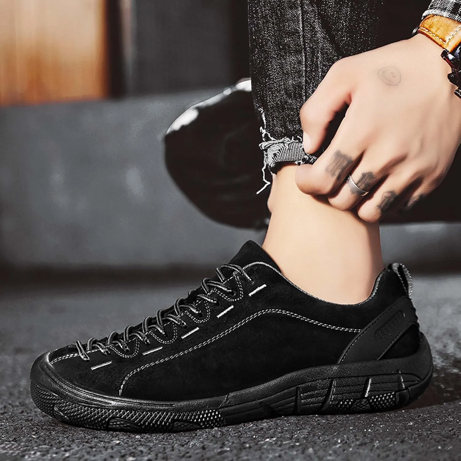 Men's Fashion Genuine Leather Suede Walking Shoes,Genuine Leather Low Top Flat Men's Casual Shoes,Driving Shoes,Men's Casual Sneakers,Toe Crash Protection
