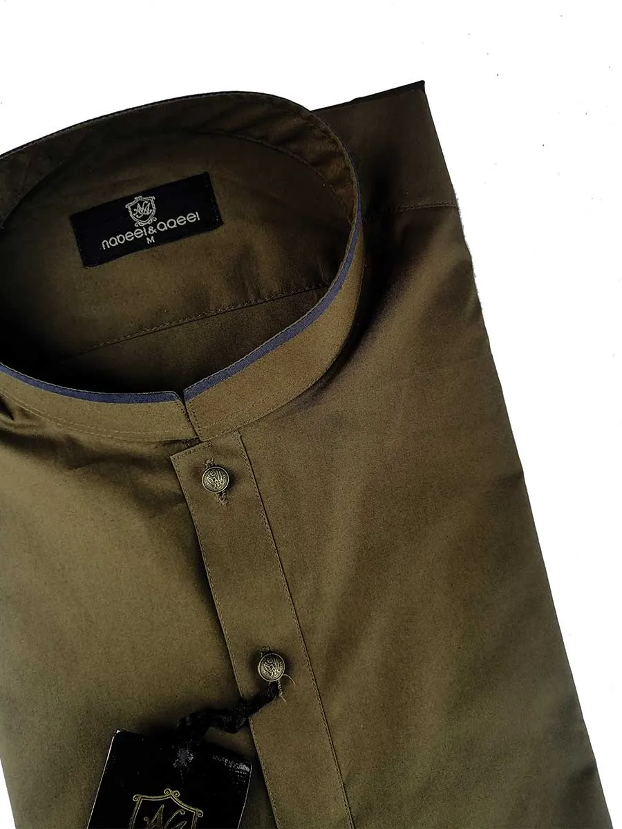 Nabeel Aqeel Kurta Pajama Cotton Reguler Olive with Navy Piping Collar/Cuff Gold Antique Button Men NKPR0008