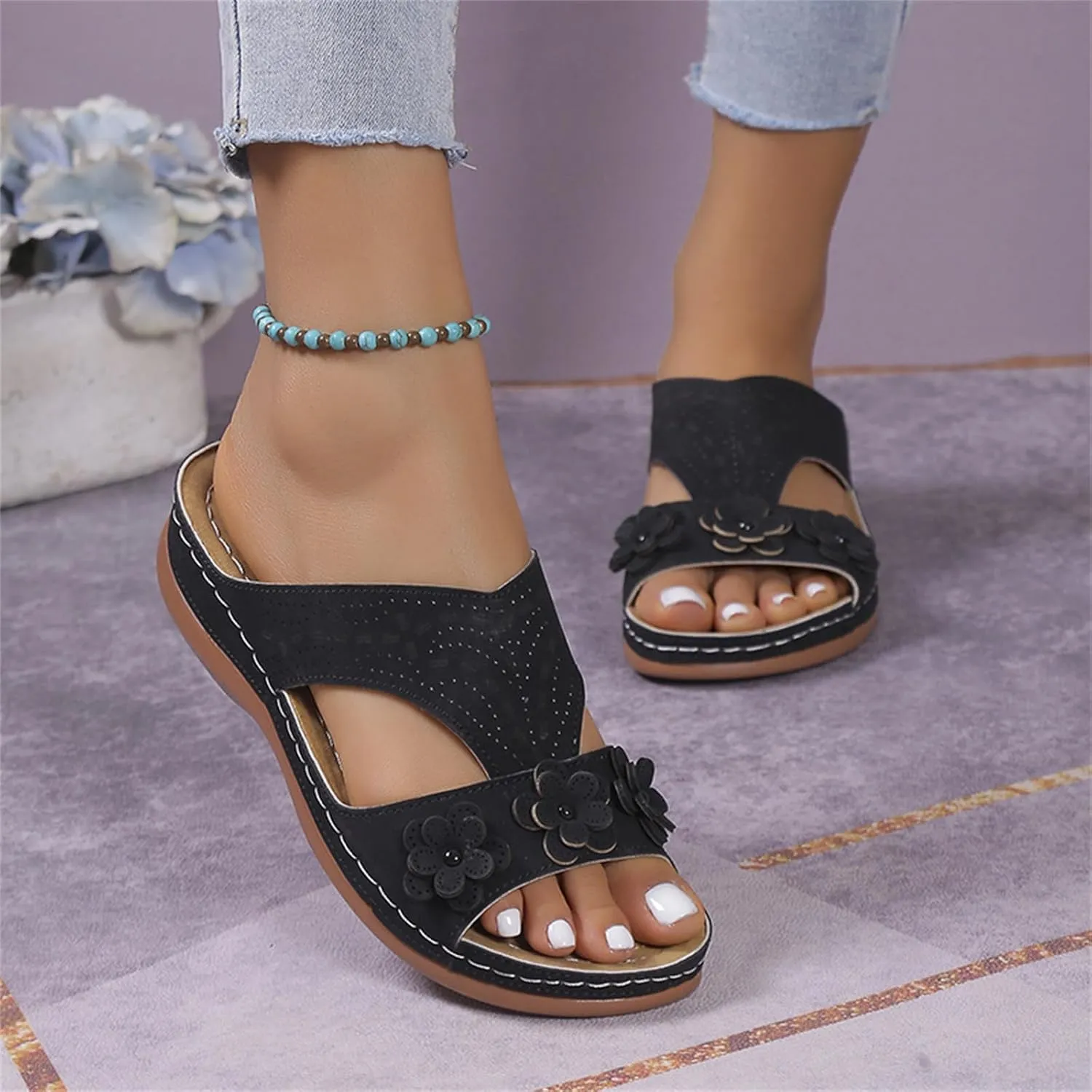 Orthopedic Sandals for Women Open Toe Flower Slippers Slip On Orthotic Sandals Summer Beach Slides 2025 Dressy Comfortable Walking Shoes Retro Style Sport Slippers Indoor and Outdoor