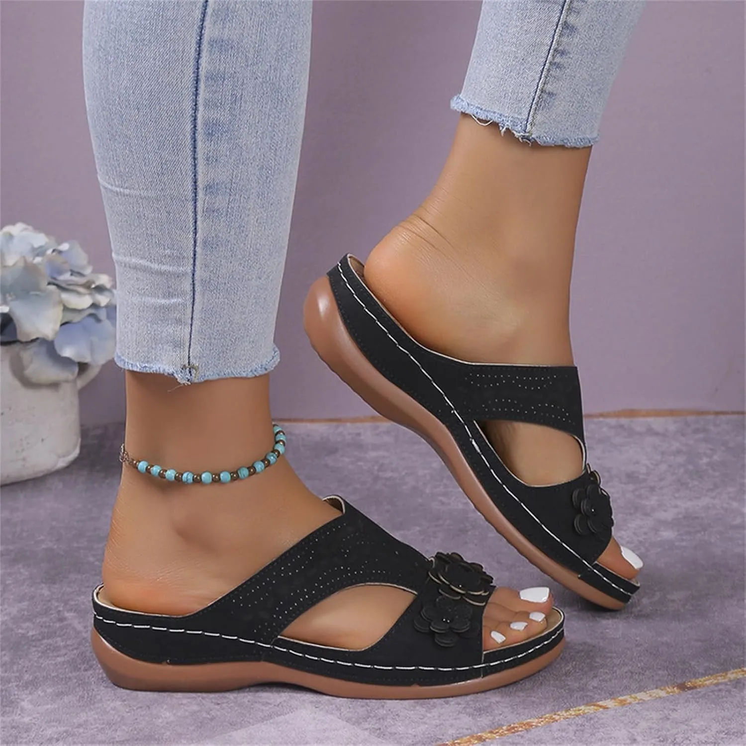 Orthopedic Sandals for Women Open Toe Flower Slippers Slip On Orthotic Sandals Summer Beach Slides 2025 Dressy Comfortable Walking Shoes Retro Style Sport Slippers Indoor and Outdoor