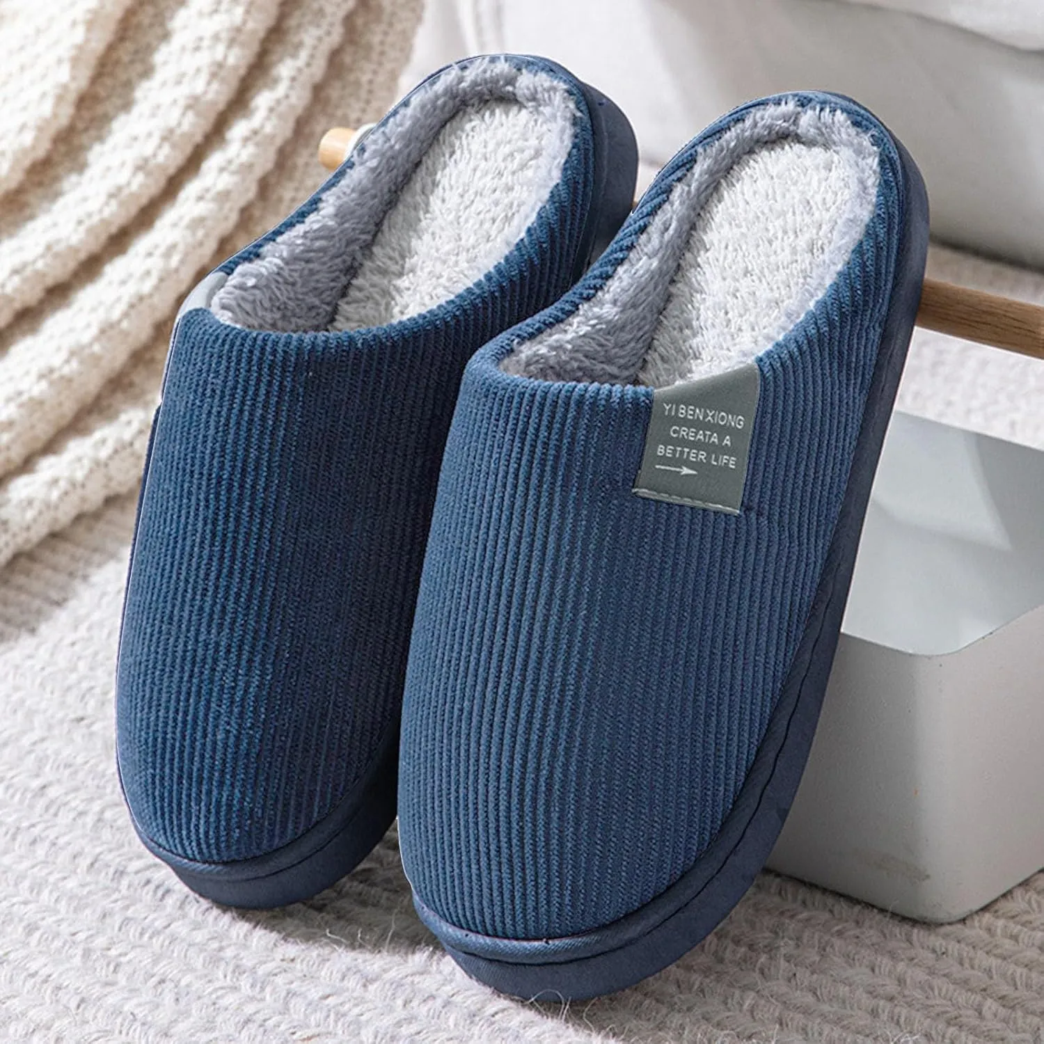Roorsily Soft Plush Slippers for Men Comfortable Memory Foam Slippers Fleece Lined Cotton Slippers Winter Indoor Slippers