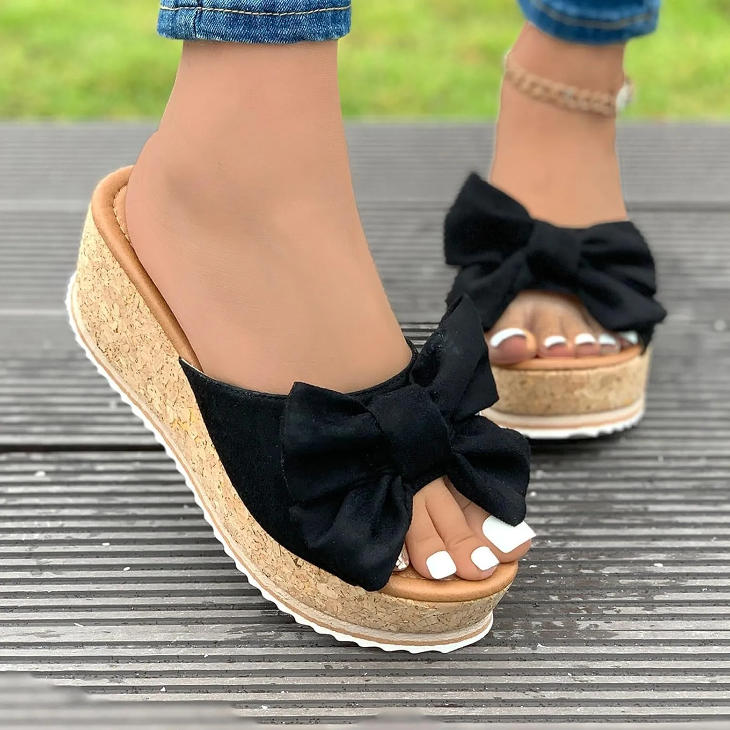 Sandals for Women 2025 Slide Plus Size High Heeled Bow-Knot Platform Wedge Sandals Comfortable Open Toe Non-Slip Walking Slippers Summer Thong Fashion Outdoor Beach Sandal 2025