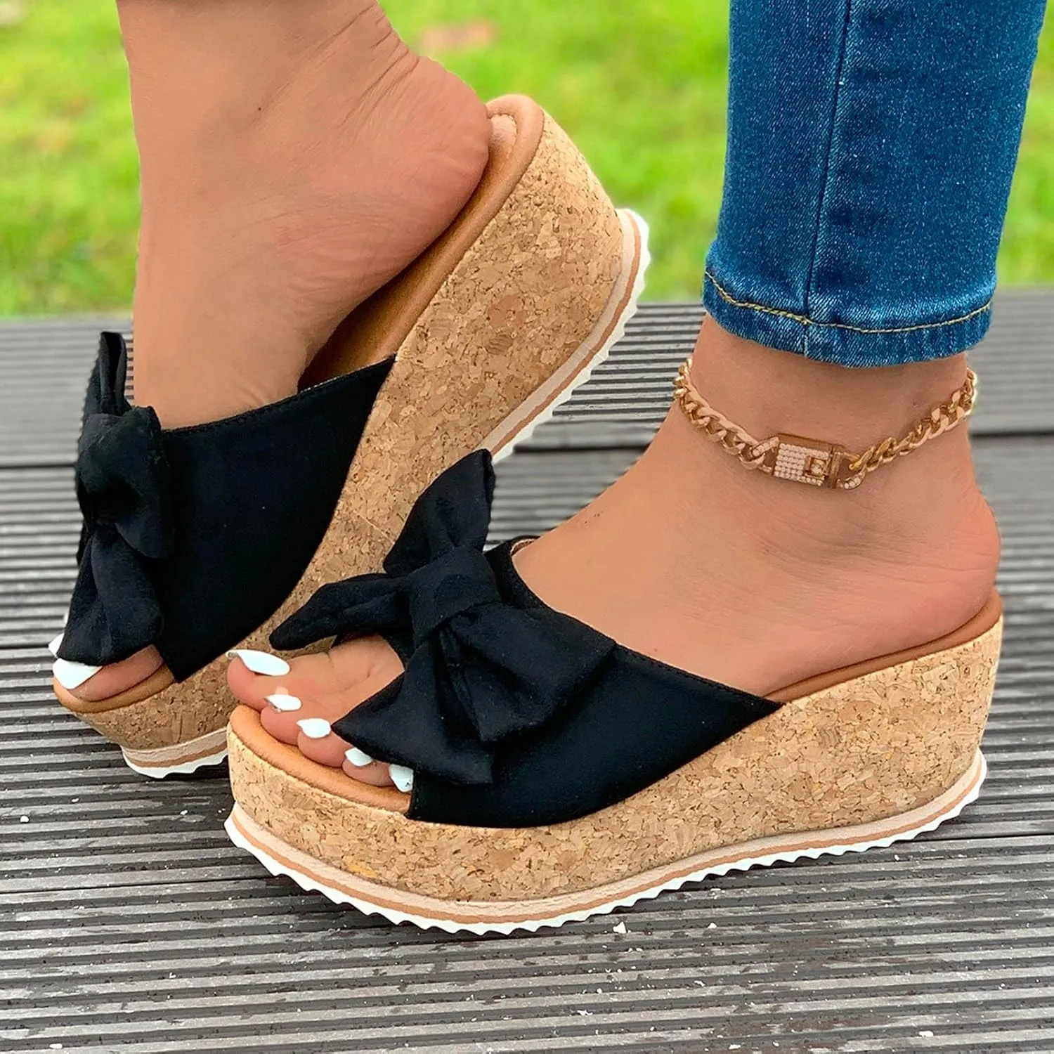 Sandals for Women 2025 Slide Plus Size High Heeled Bow-Knot Platform Wedge Sandals Comfortable Open Toe Non-Slip Walking Slippers Summer Thong Fashion Outdoor Beach Sandal 2025