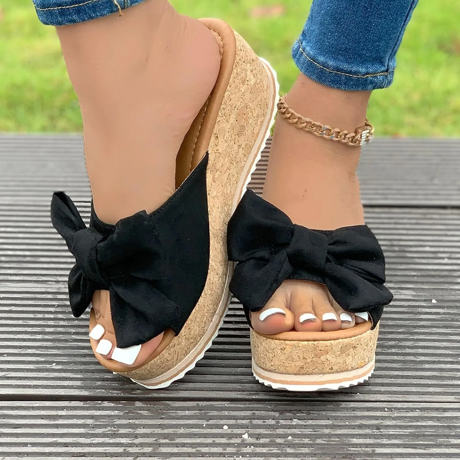 Sandals for Women 2025 Slide Plus Size High Heeled Bow-Knot Platform Wedge Sandals Comfortable Open Toe Non-Slip Walking Slippers Summer Thong Fashion Outdoor Beach Sandal 2025