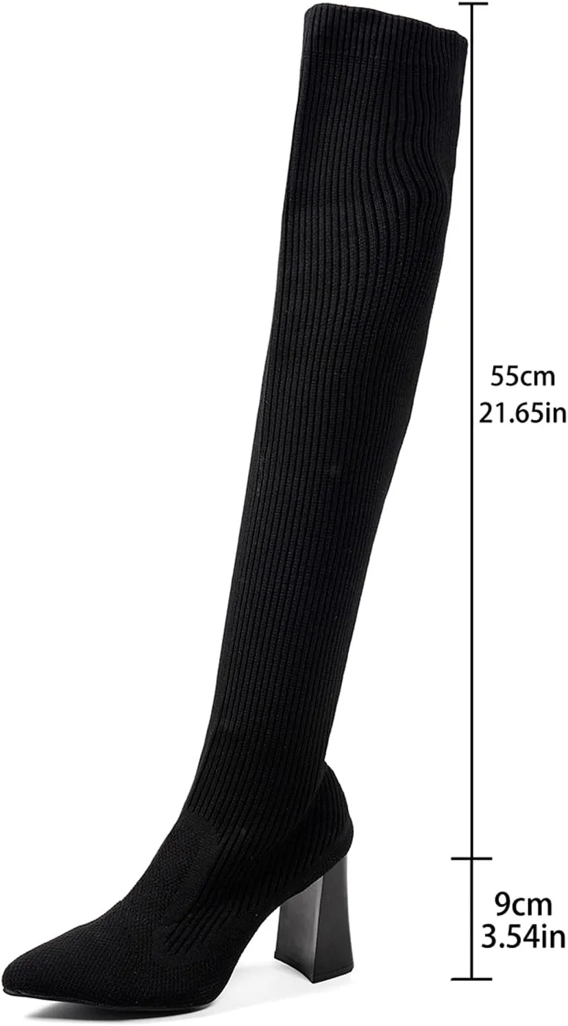 Stretch High Heeled Women's Fashion Over The Knee High Chunky Color Boots Solid Women's Boots Women Shoes