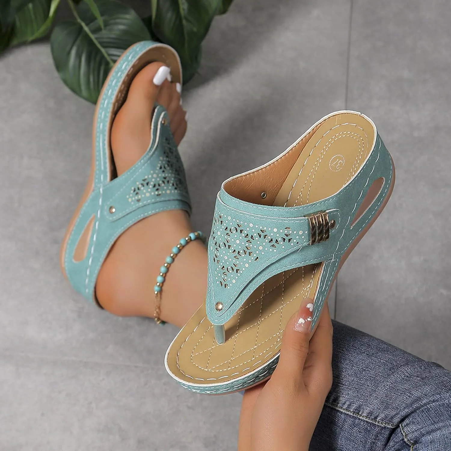 Wedge Sandals for Women Flip Flops Hollow Floral Beach Slip on Clip Toe Sandal Dressy Summer Wedges Shoes Thong Slides