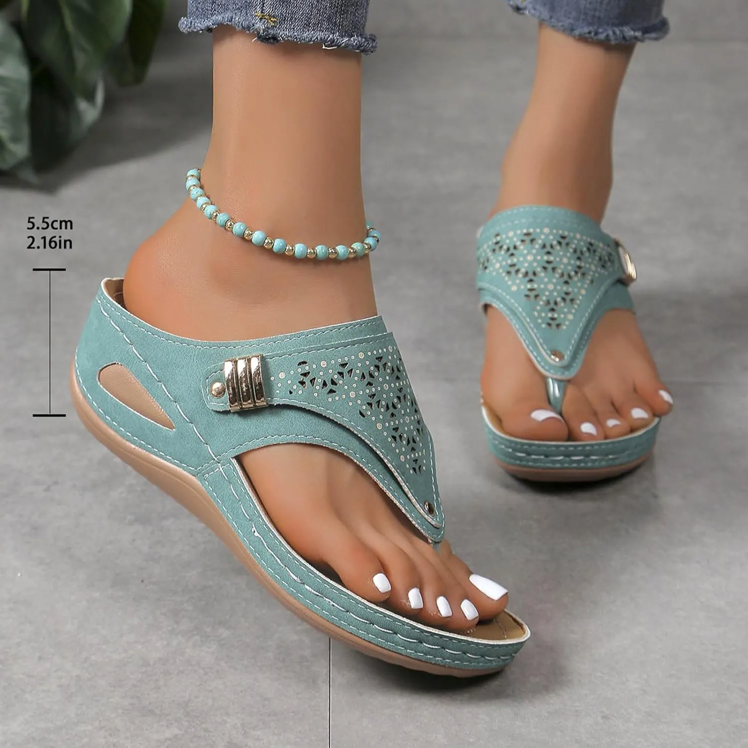 Wedge Sandals for Women Flip Flops Hollow Floral Beach Slip on Clip Toe Sandal Dressy Summer Wedges Shoes Thong Slides