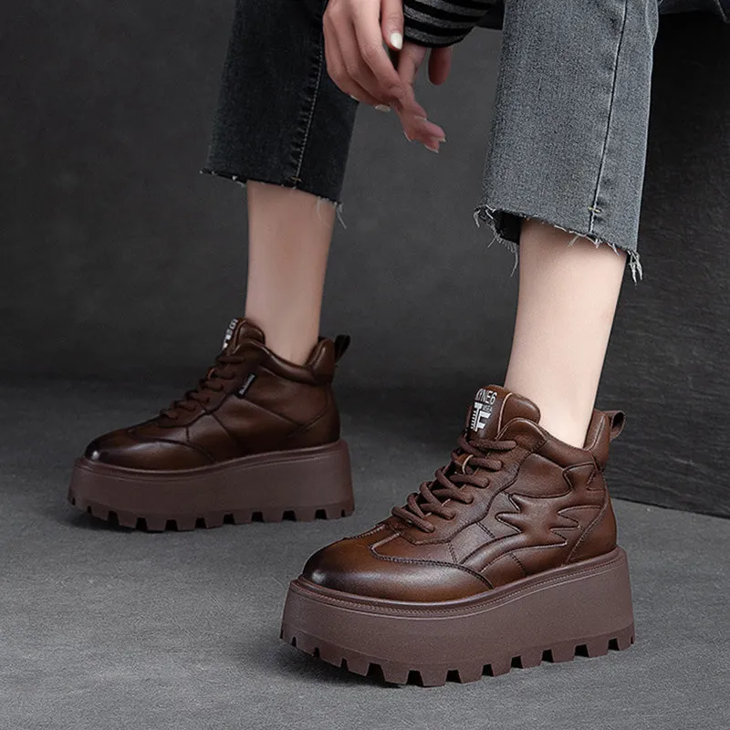 Women Minimalist Cowhide Chunky Platform Casual Shoes