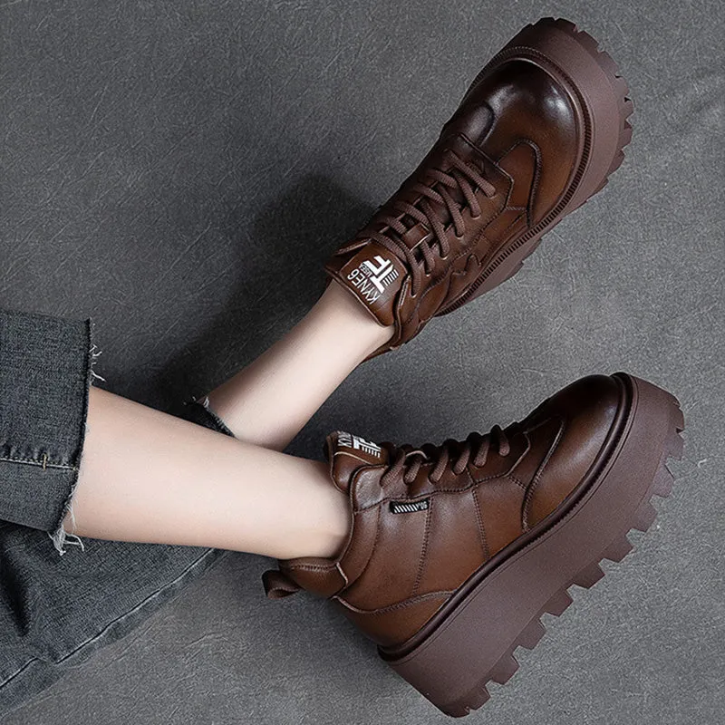 Women Minimalist Cowhide Chunky Platform Casual Shoes