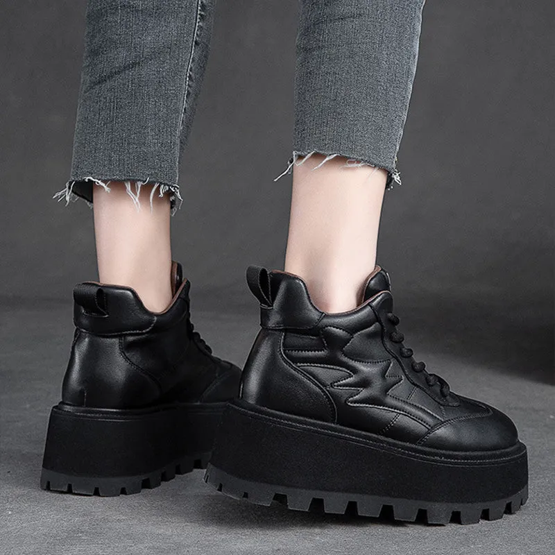 Women Minimalist Cowhide Chunky Platform Casual Shoes