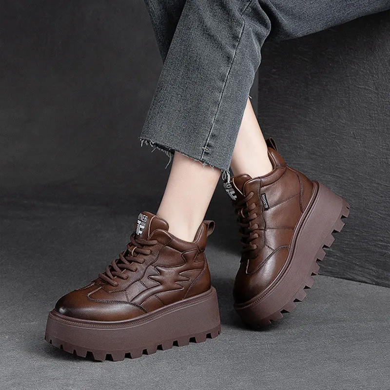 Women Minimalist Cowhide Chunky Platform Casual Shoes