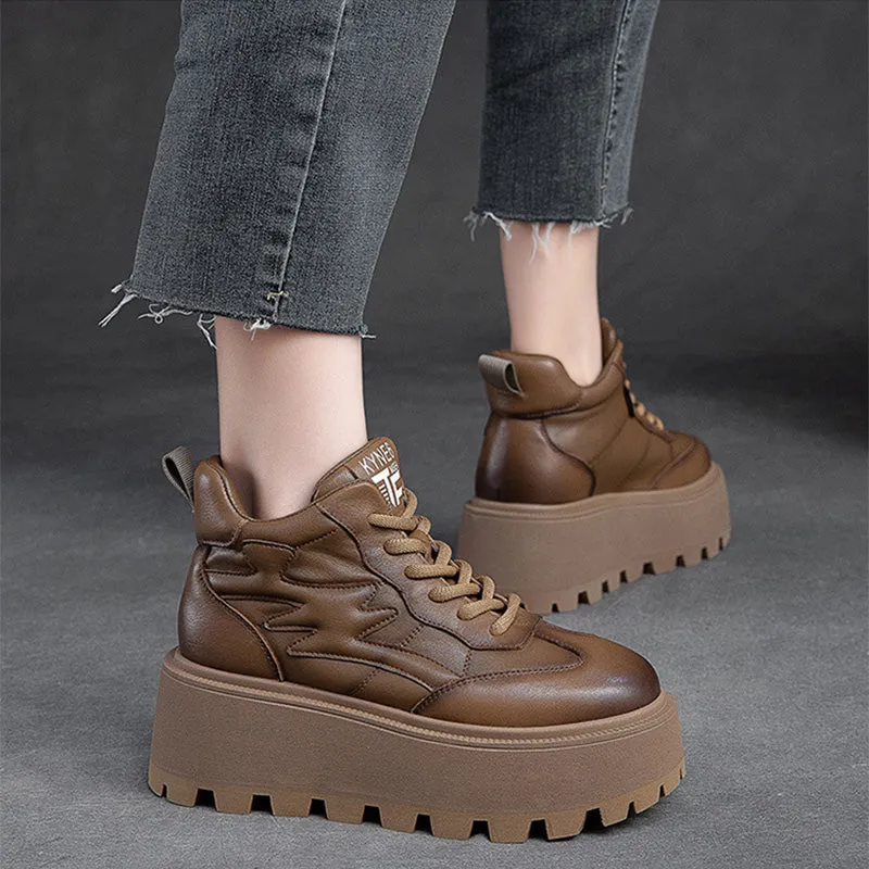 Women Minimalist Cowhide Chunky Platform Casual Shoes