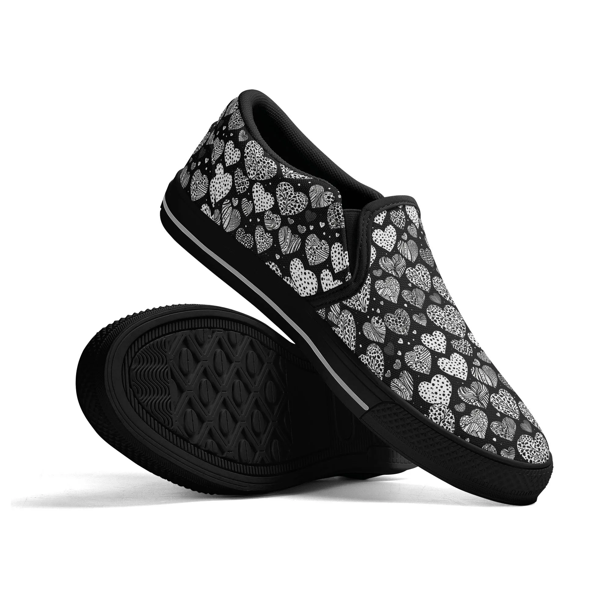 Womens Black and White Hearts Rubber Slip On Shoes