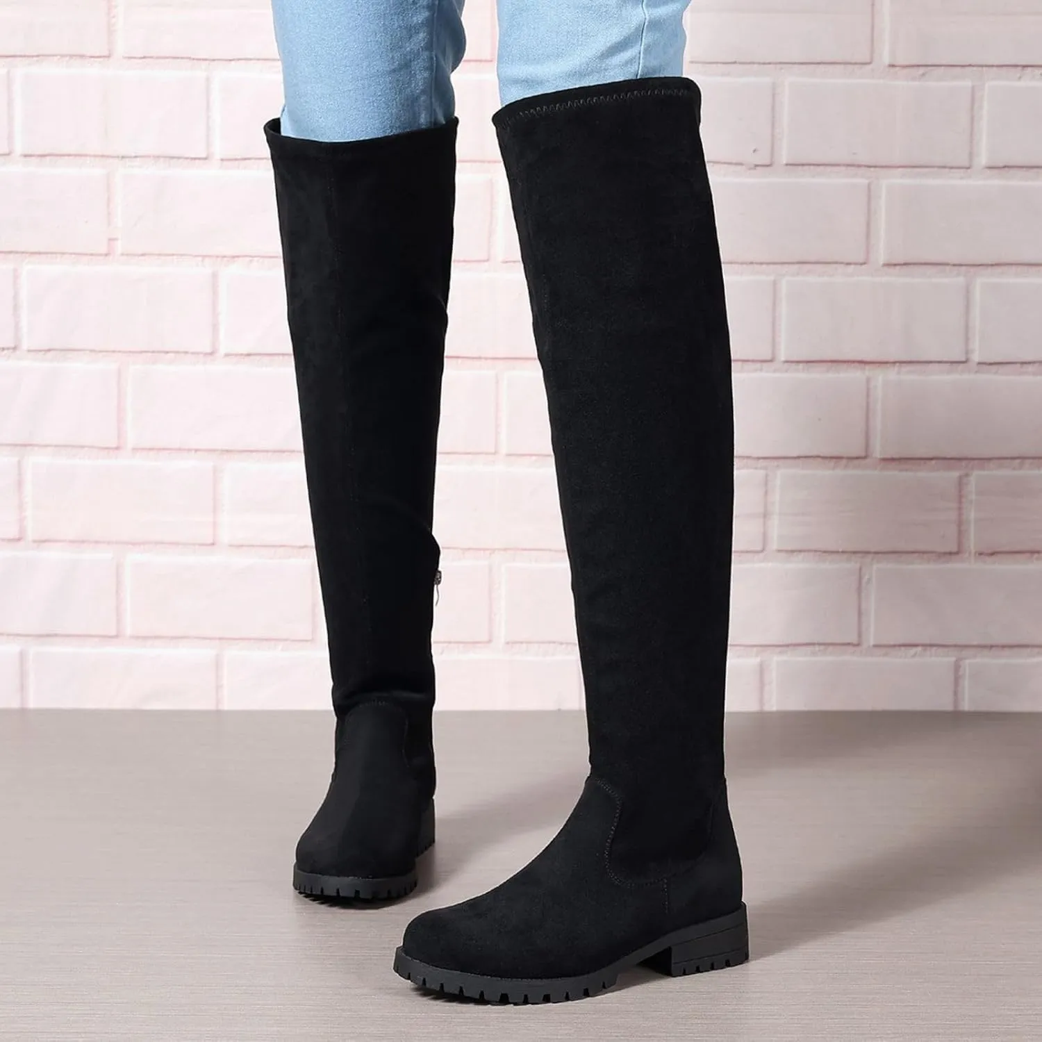 Women's Side Zipper Chunky Heels Knee High Boots Thigh High Chunky Heel Boots Low Heel Round Toe Winter Tall Boots