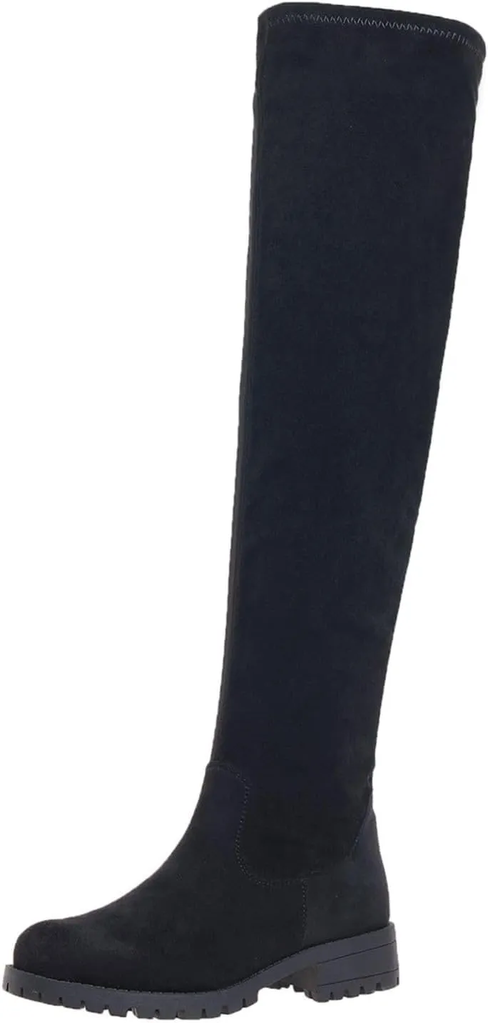 Women's Side Zipper Chunky Heels Knee High Boots Thigh High Chunky Heel Boots Low Heel Round Toe Winter Tall Boots