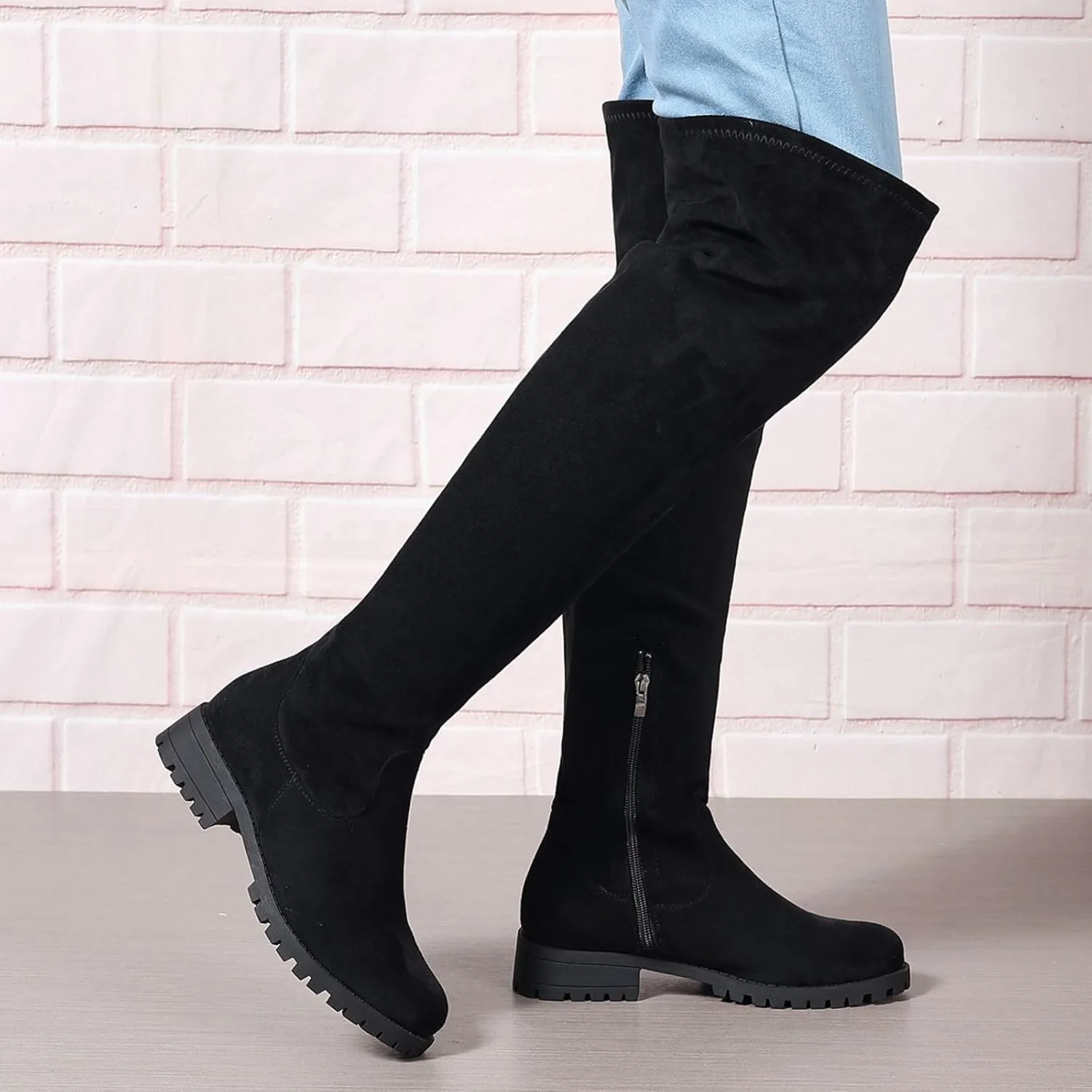 Women's Side Zipper Chunky Heels Knee High Boots Thigh High Chunky Heel Boots Low Heel Round Toe Winter Tall Boots