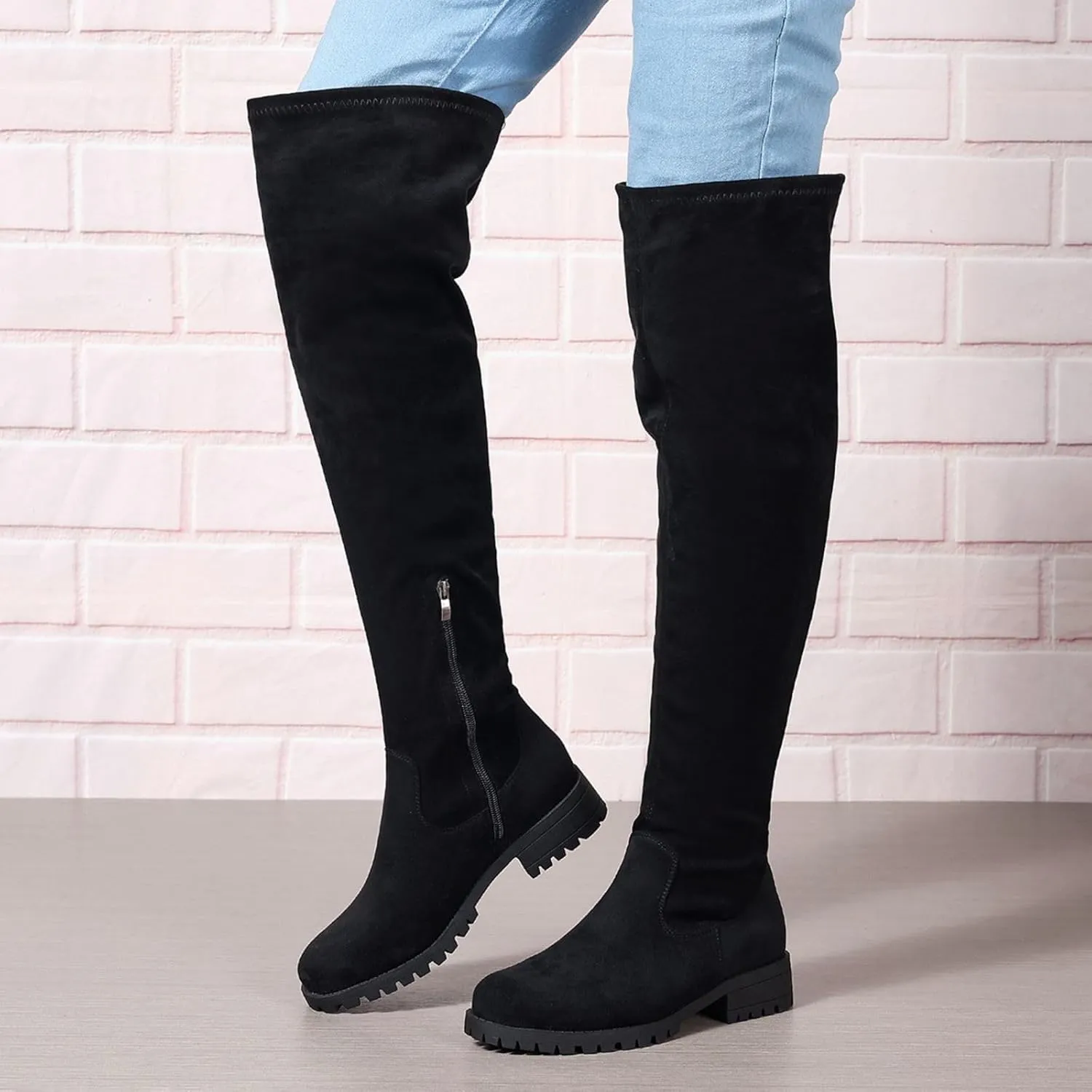 Women's Side Zipper Chunky Heels Knee High Boots Thigh High Chunky Heel Boots Low Heel Round Toe Winter Tall Boots